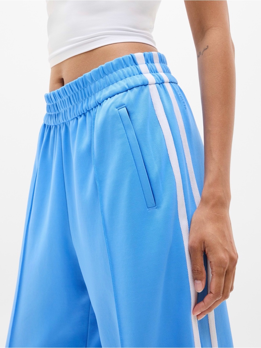 ATHLETA Tempo Wide Leg Blue Track Pants with White Side Stripes Size L Quality - Picture 7 of 8